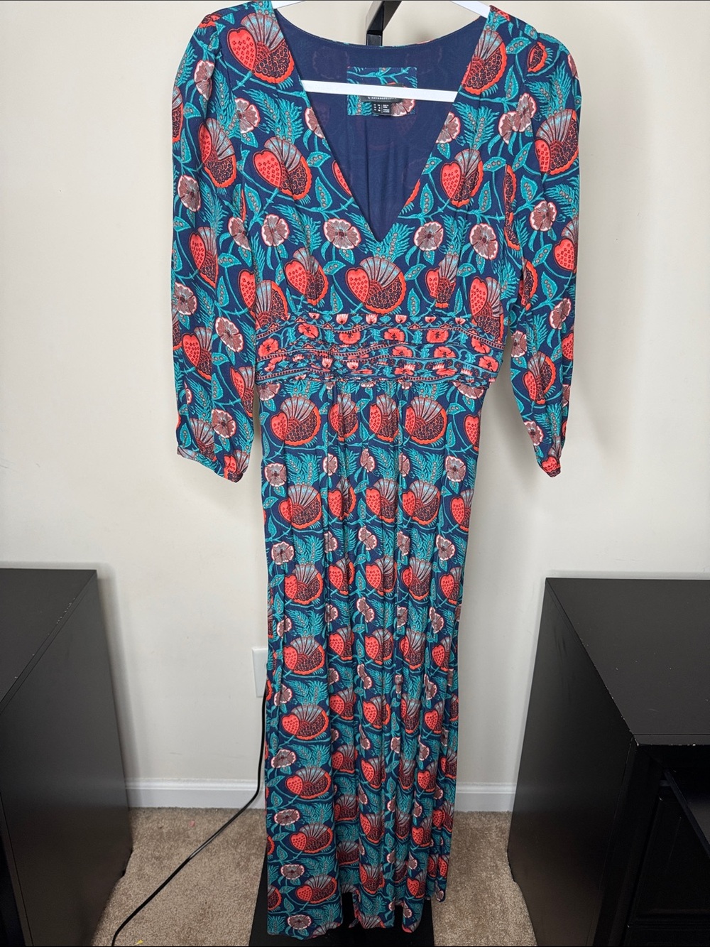 Maeve Teal Maxi Dress with Coral Floral Print